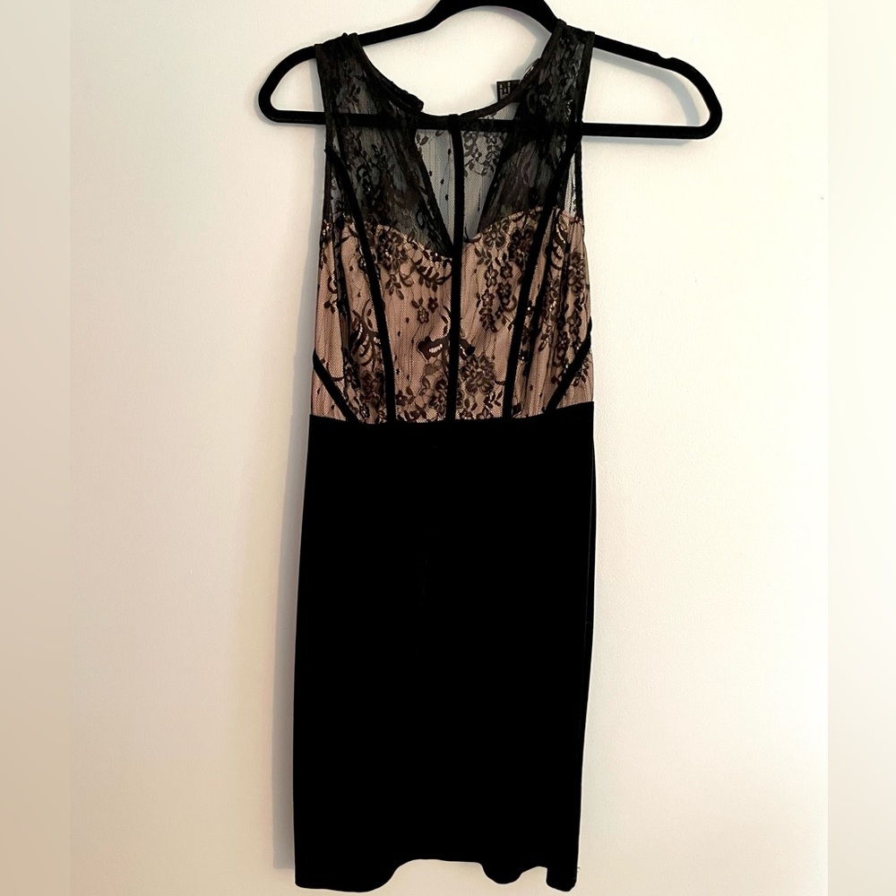 Black/Beige Lace and Velvet Mini Dress